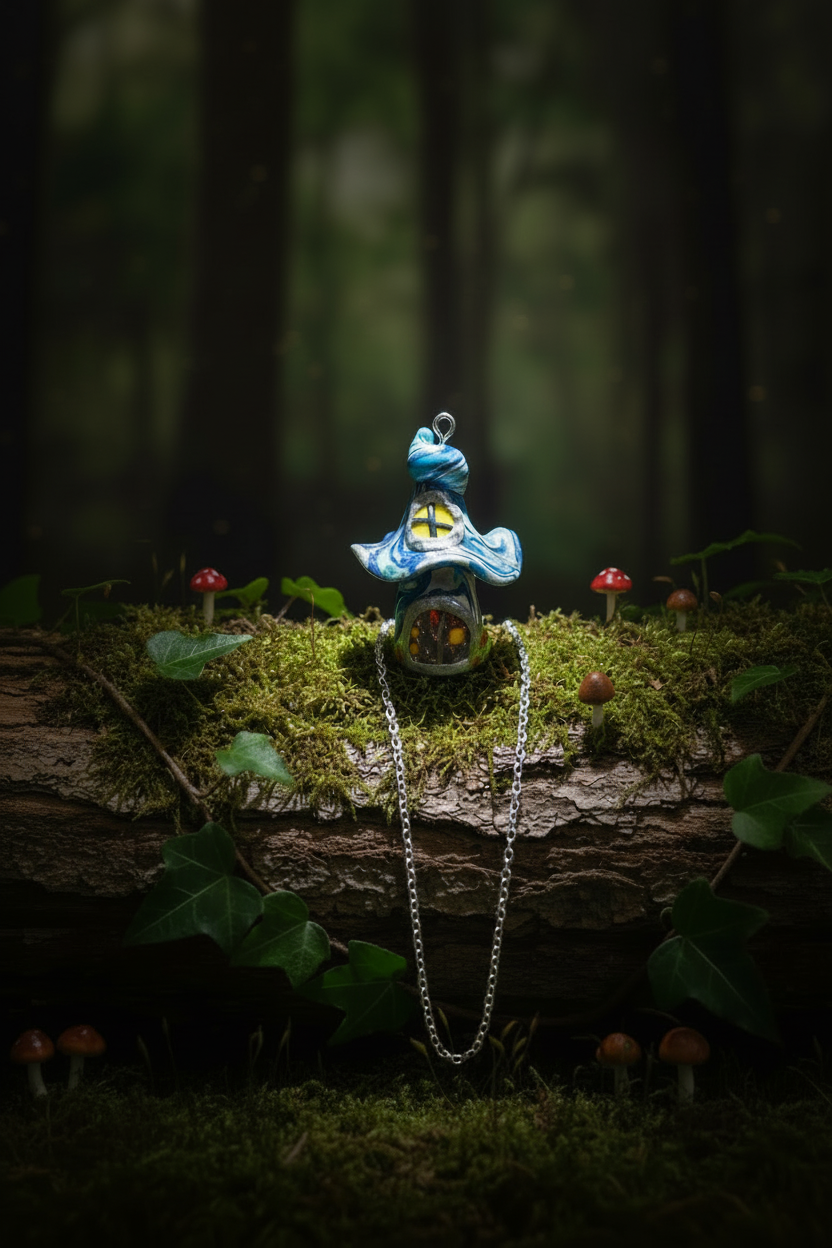 Blue witch hat necklace without shadows on mossy log