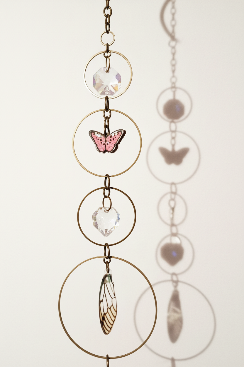 Brightened sun catcher with rings and charms - vertical