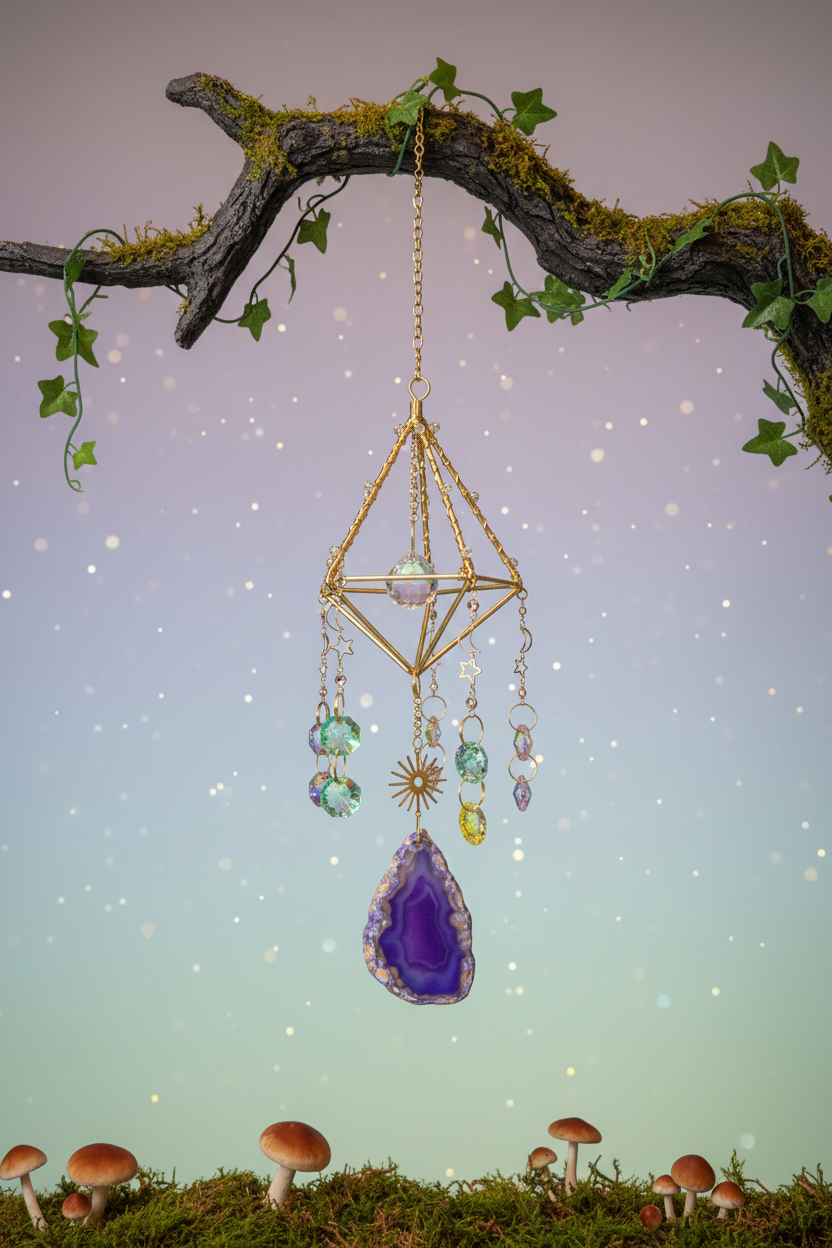 Crystal pyramid suncatcher in mystical forest