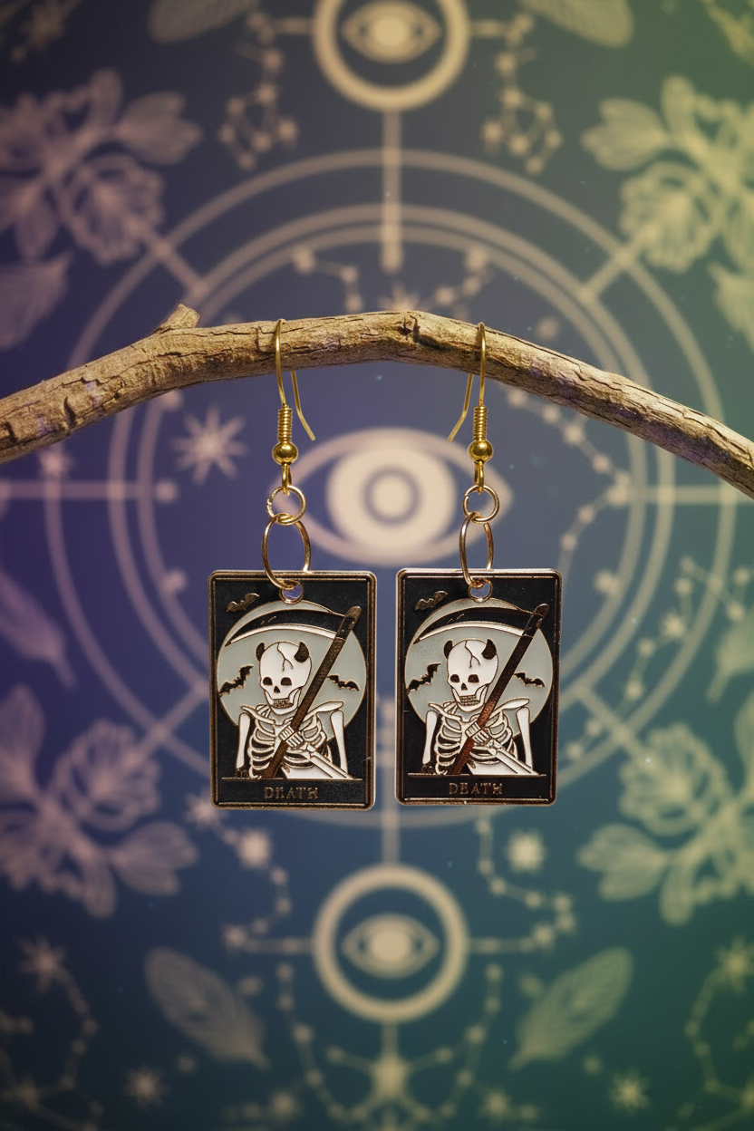 Death tarot earrings on branch