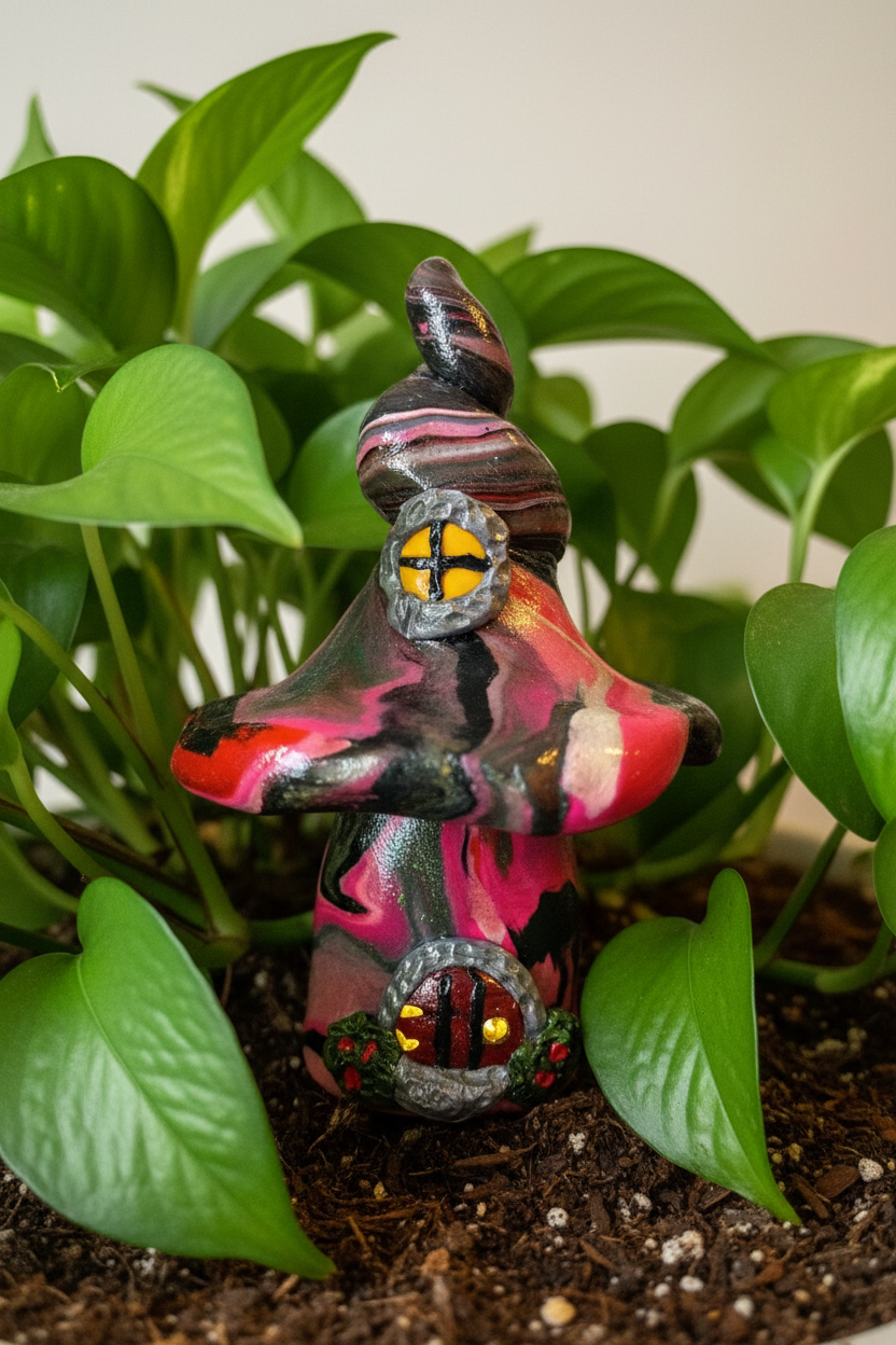 Fairy house in house plant with leaves and dirt