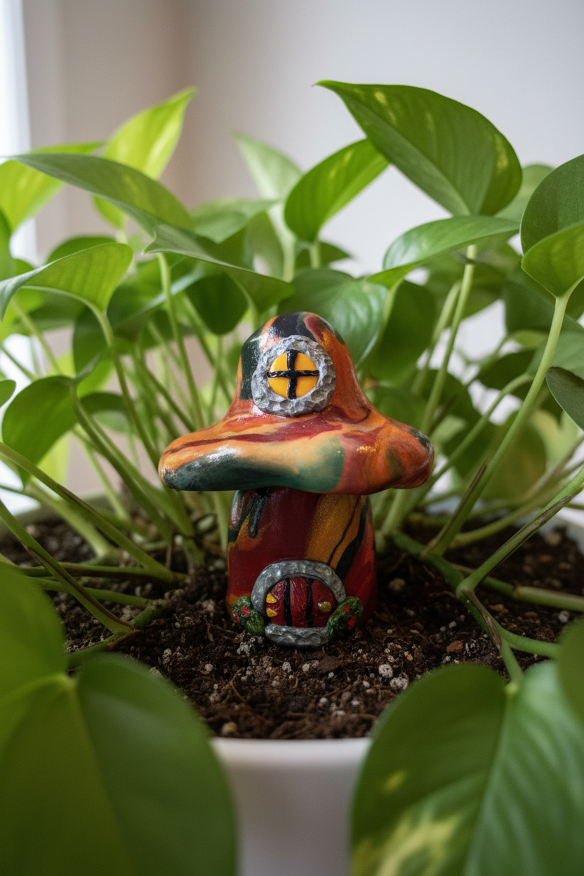 Fairy mushroom house in house plant with leaves and dirt