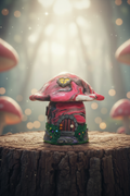 Fairy mushroom house on tree stump in portrait
