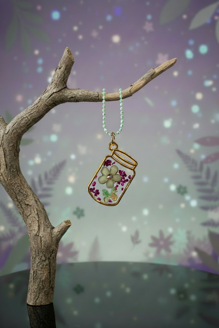 Green jar necklace on mystical branch