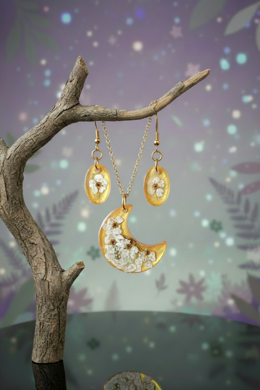 Moon jewelry set on tree branch