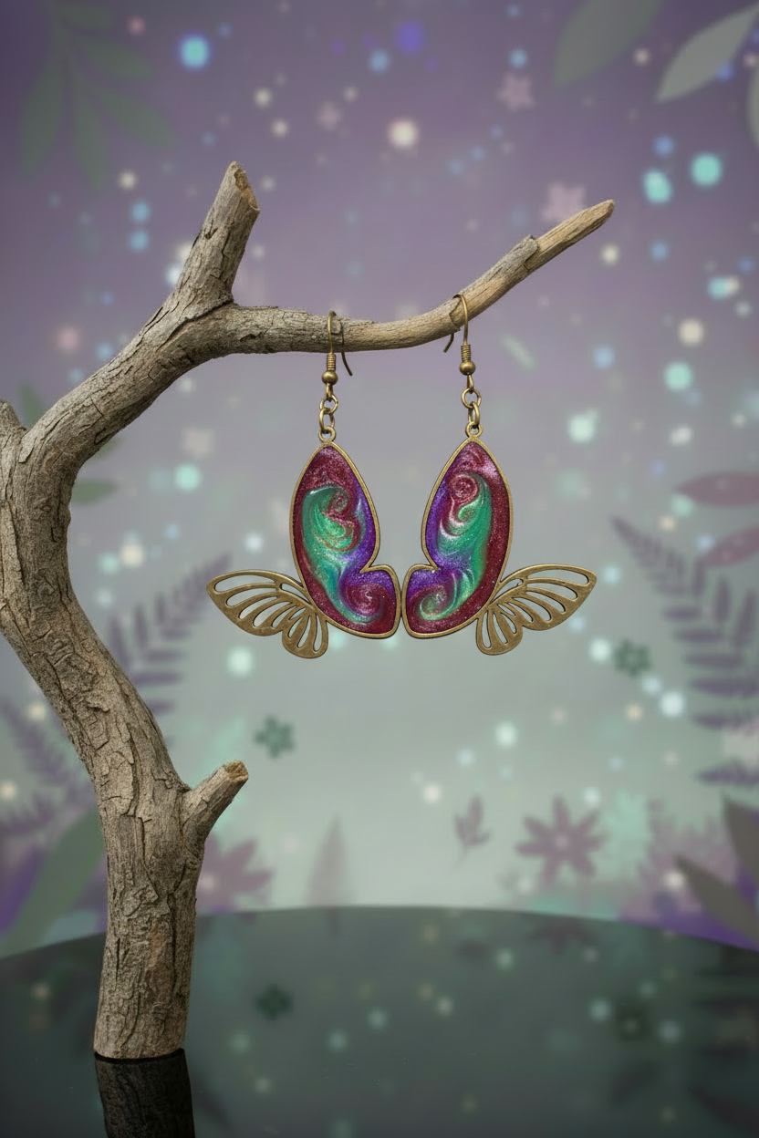 Multicolor galaxy butterfly wing earrings on mystical branch