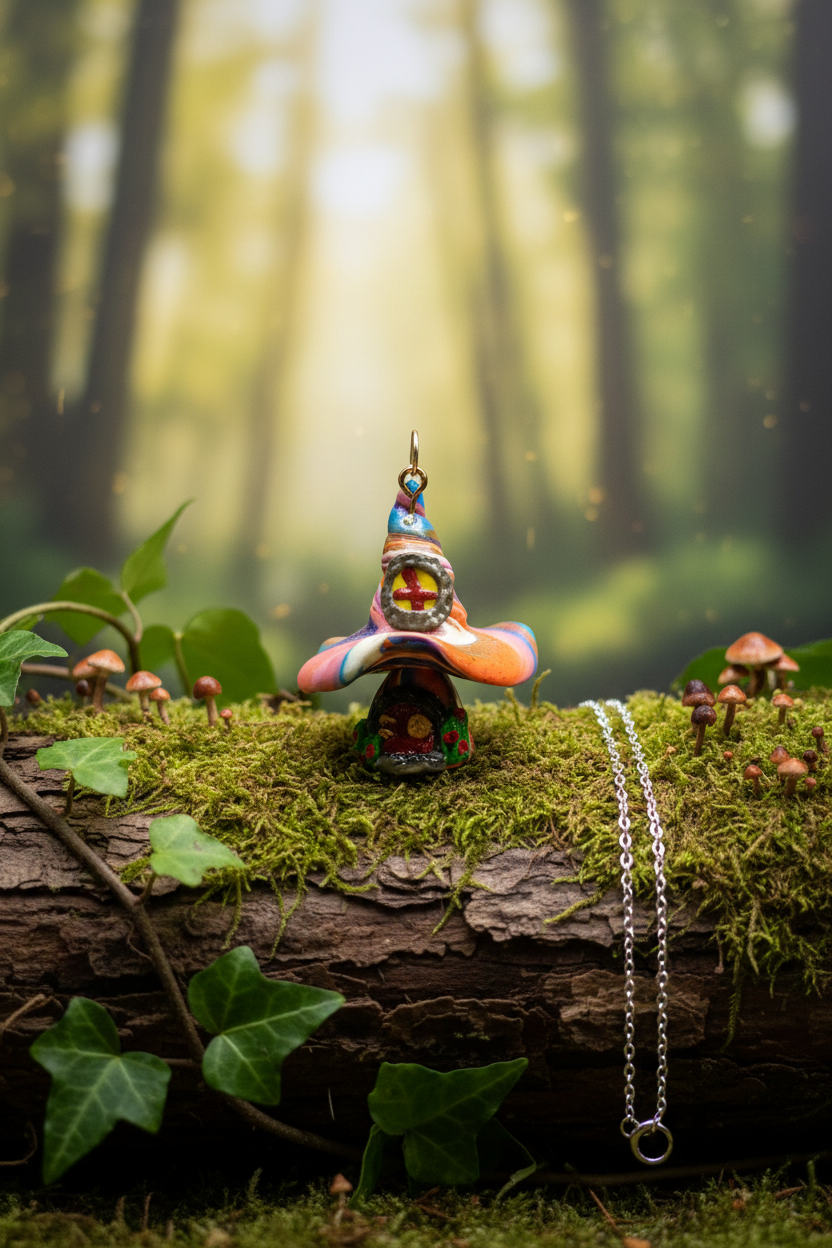 Multicolor witch hat necklace on mossy log