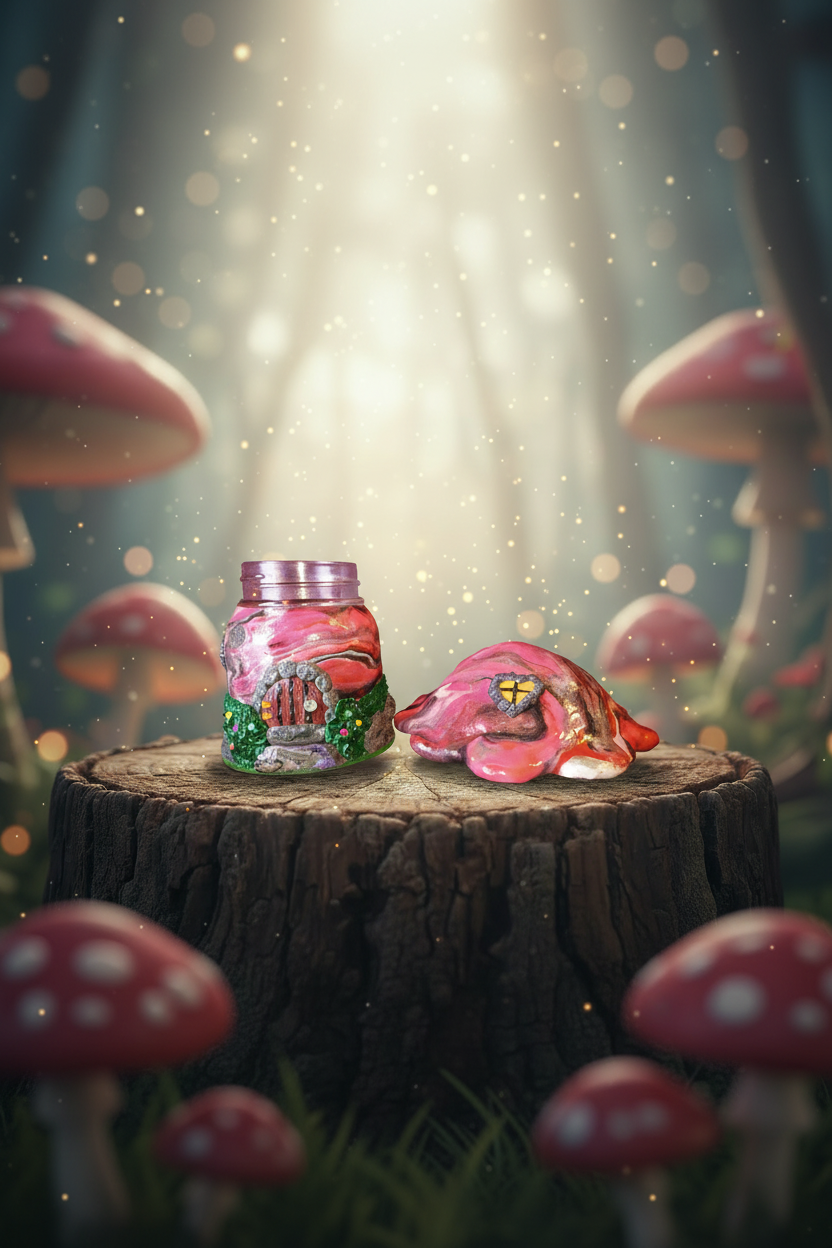 Mushroom house products on tree stump in portrait