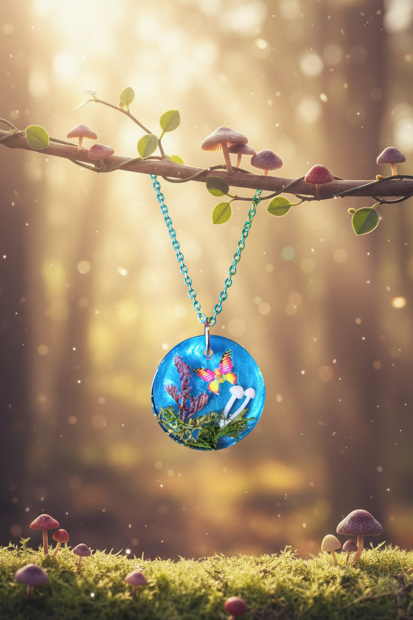 Necklace hanging from enchanted forest branch