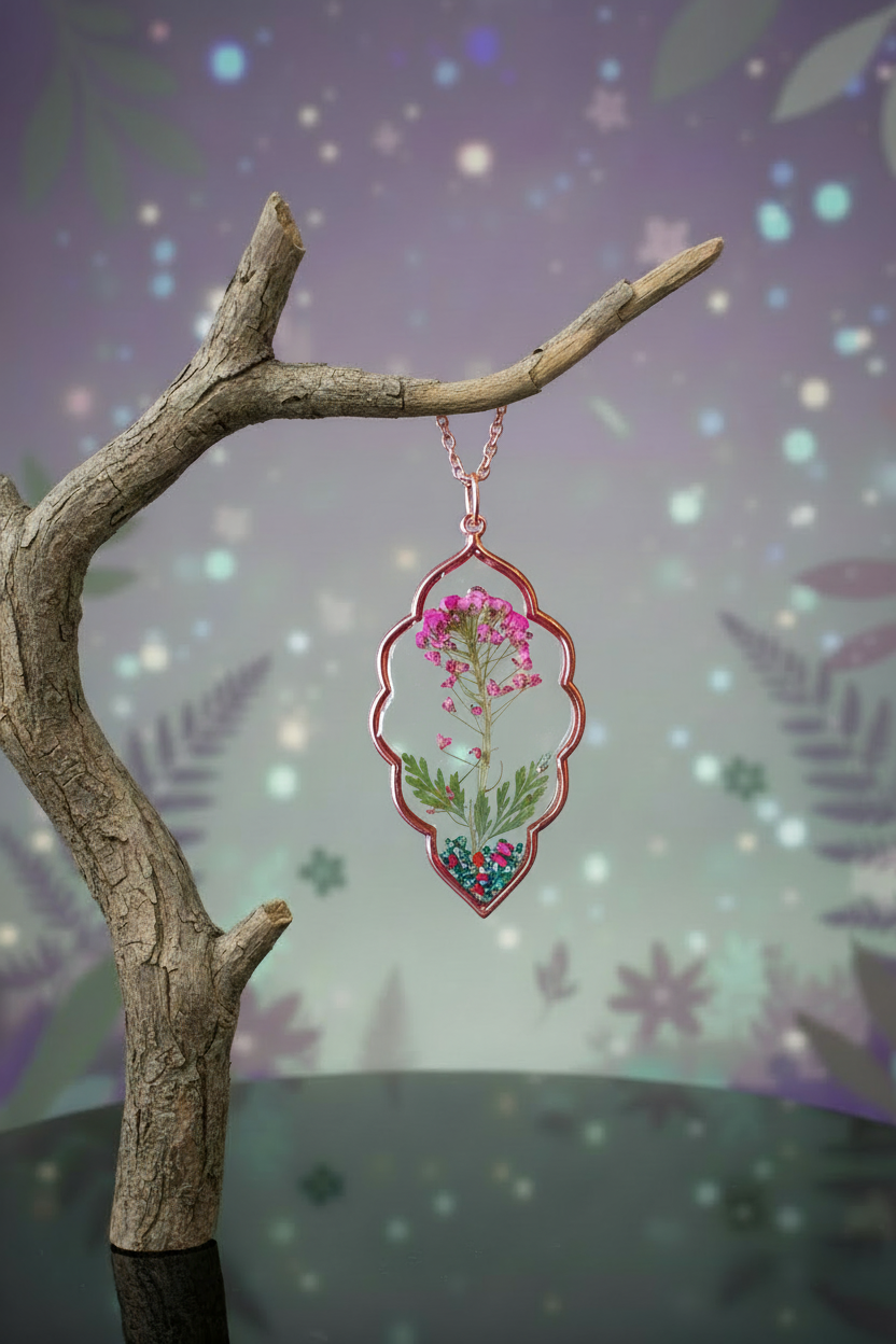 Pink flower necklace on branch