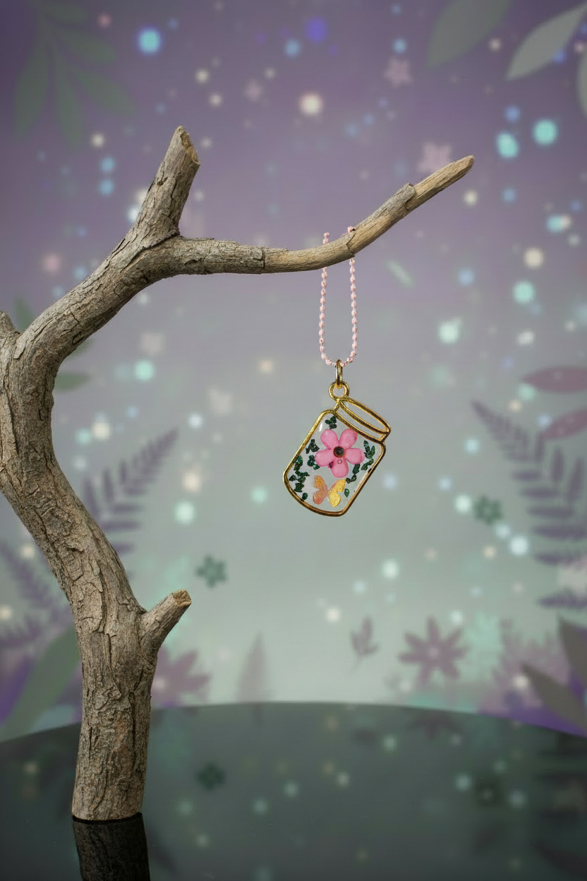 Pink jar necklace on mystical branch
