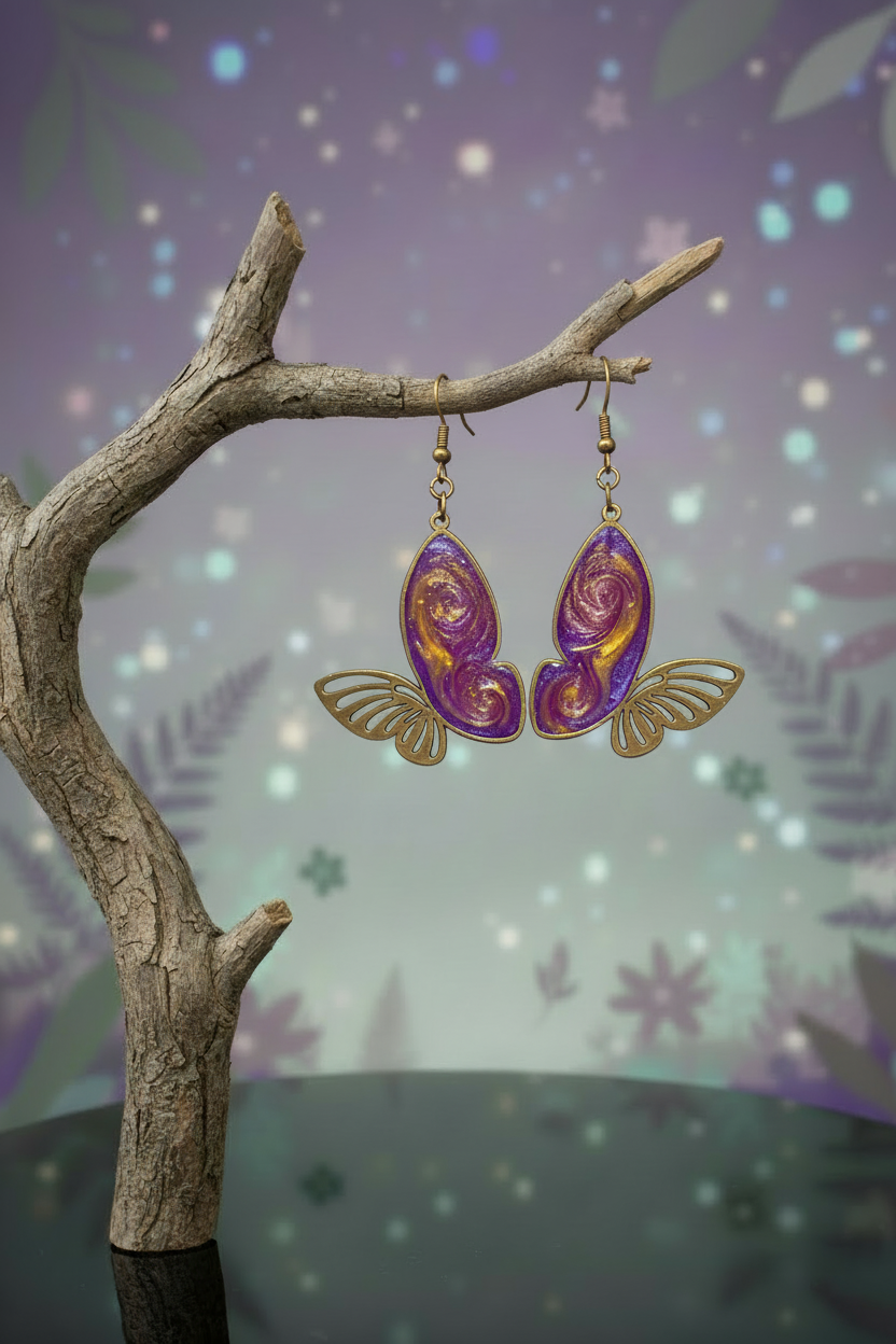 Purple and gold butterfly wing earrings on mystical branch