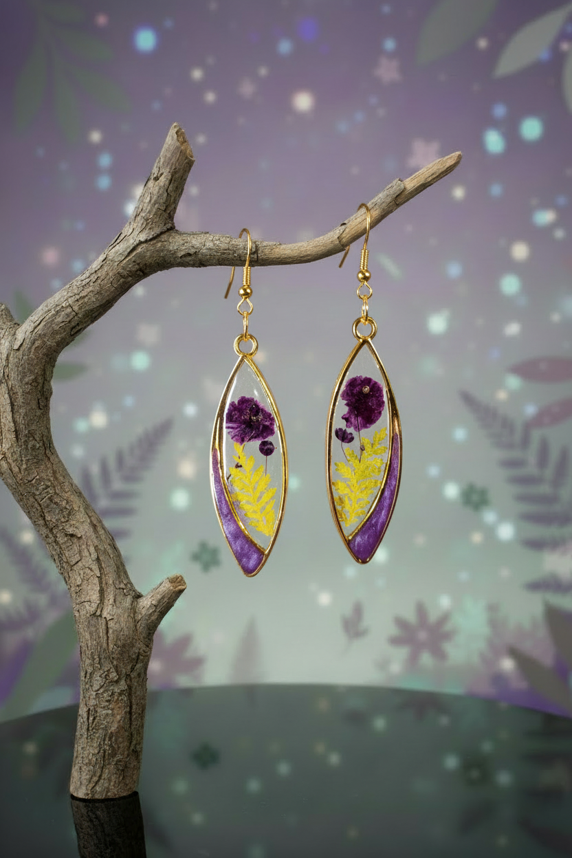 Purple earrings on mystical branch