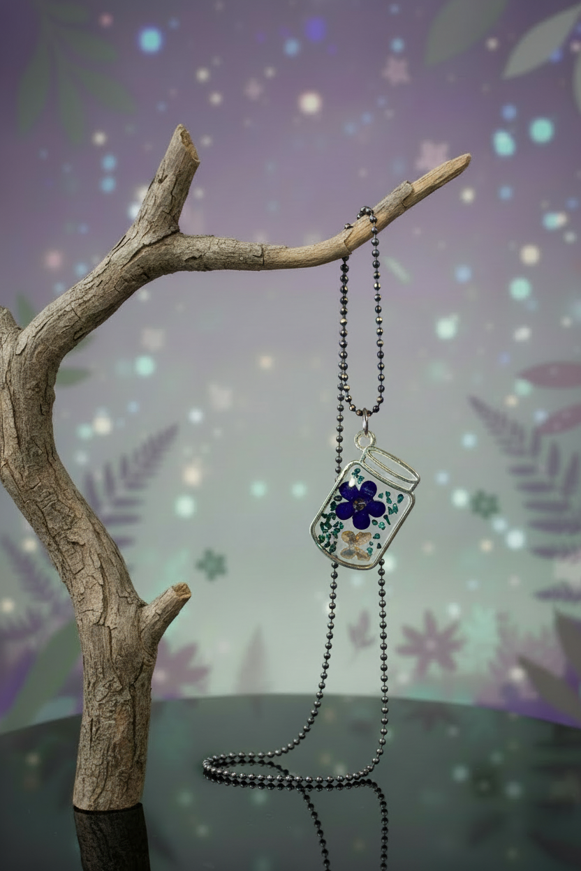 Purple jar necklace on mystical branch