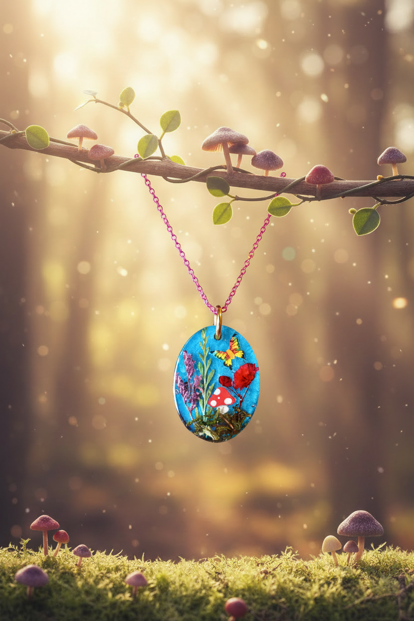 Resin necklace hanging from enchanted forest branch