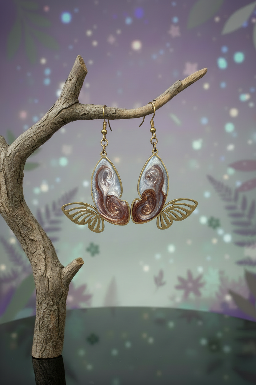 Silver and brown butterfly wing earrings on mystical branch