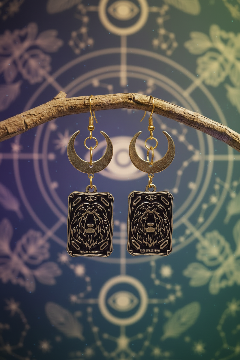 Strength tarot earrings on branch