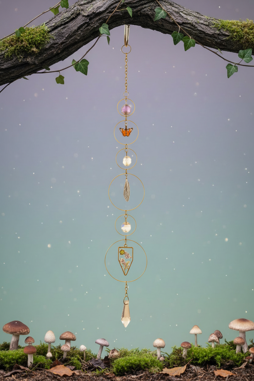 Suncatcher hanging in mystical forest background