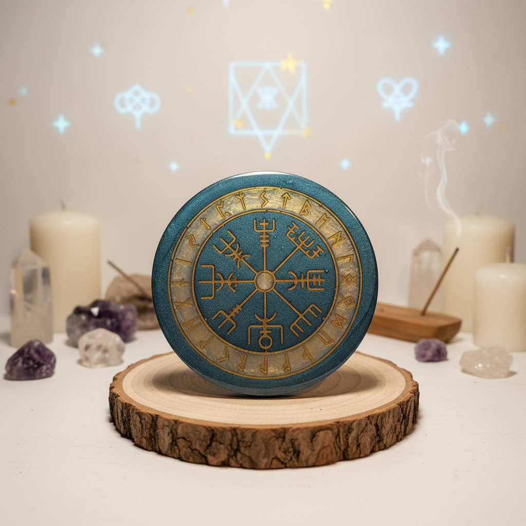 Teal and gold Vegvisir compass with log background
