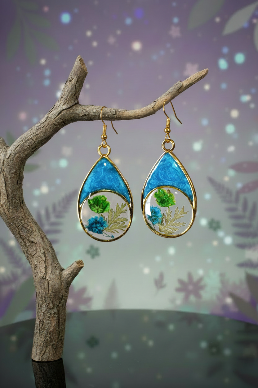 Teal earrings hanging on mystical branch