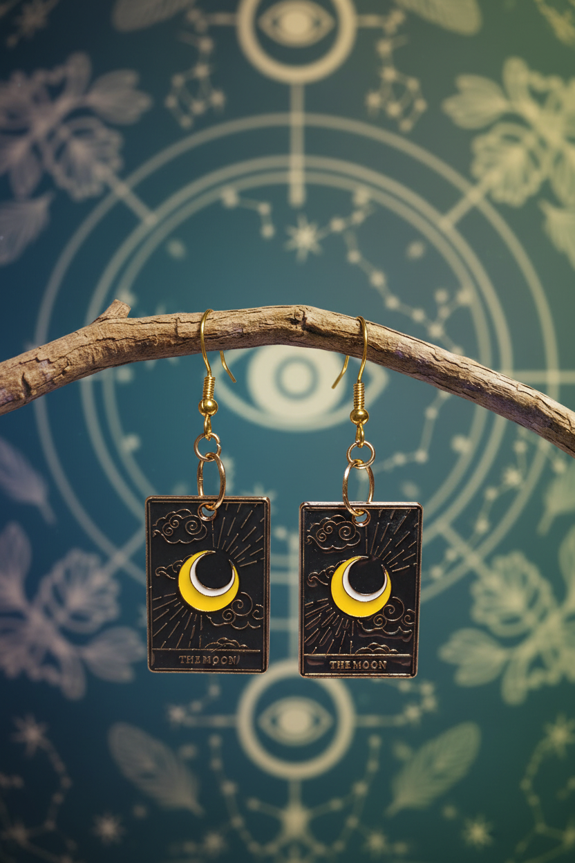 The Moon tarot earrings on branch