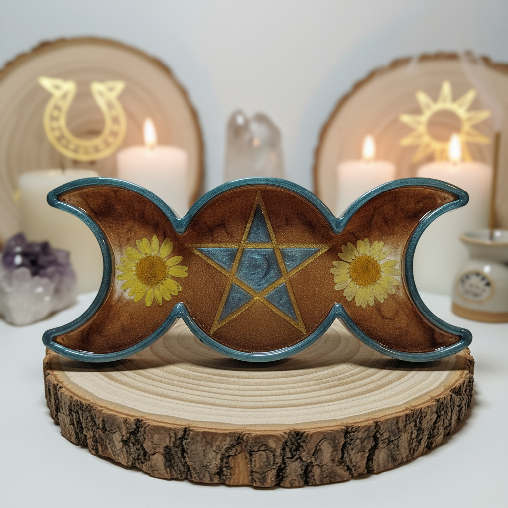 Triple moon altar dish with daisies on log