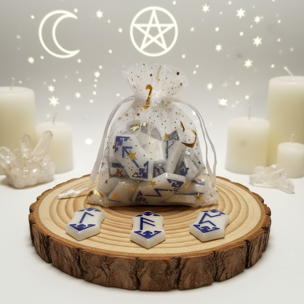 White rune set with log background