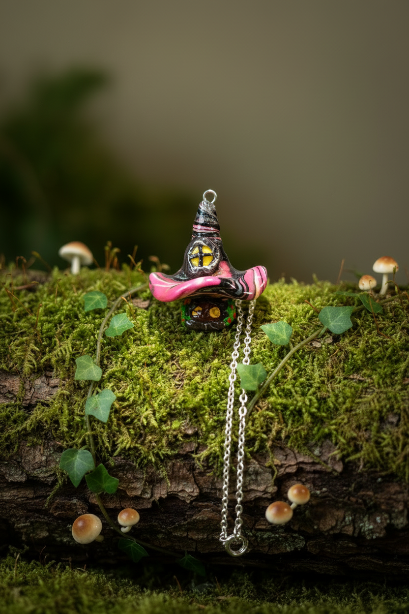 Witch hat necklace with focused lighting on mossy log